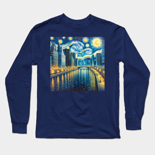 Chicago Riverwalk Starry Night - Beautiful Iconic Places Long Sleeve T-Shirt by Edd Paint Something